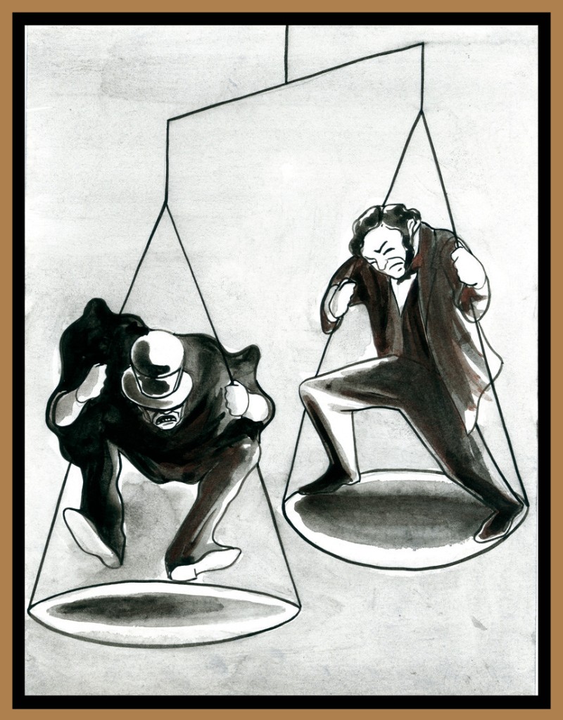 Jekyll y Hyde en la balanza, ilustración de Marta Gómez-Pintado para la edición de Nórdica Libros